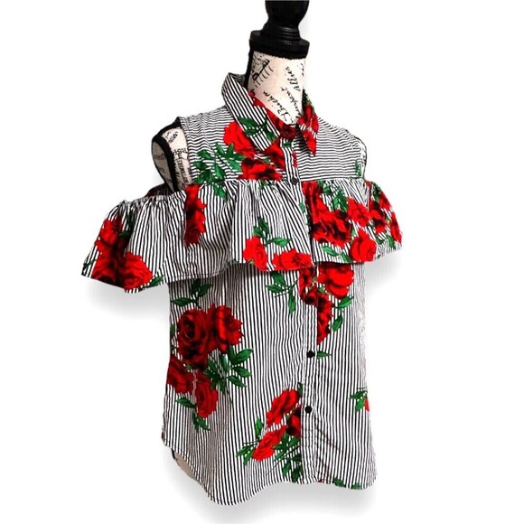 Hint of Blush XL Cold Shoulder Blouse Stripe Red Floral Ruffle Cotton Summer Top - Picture 8 of 9